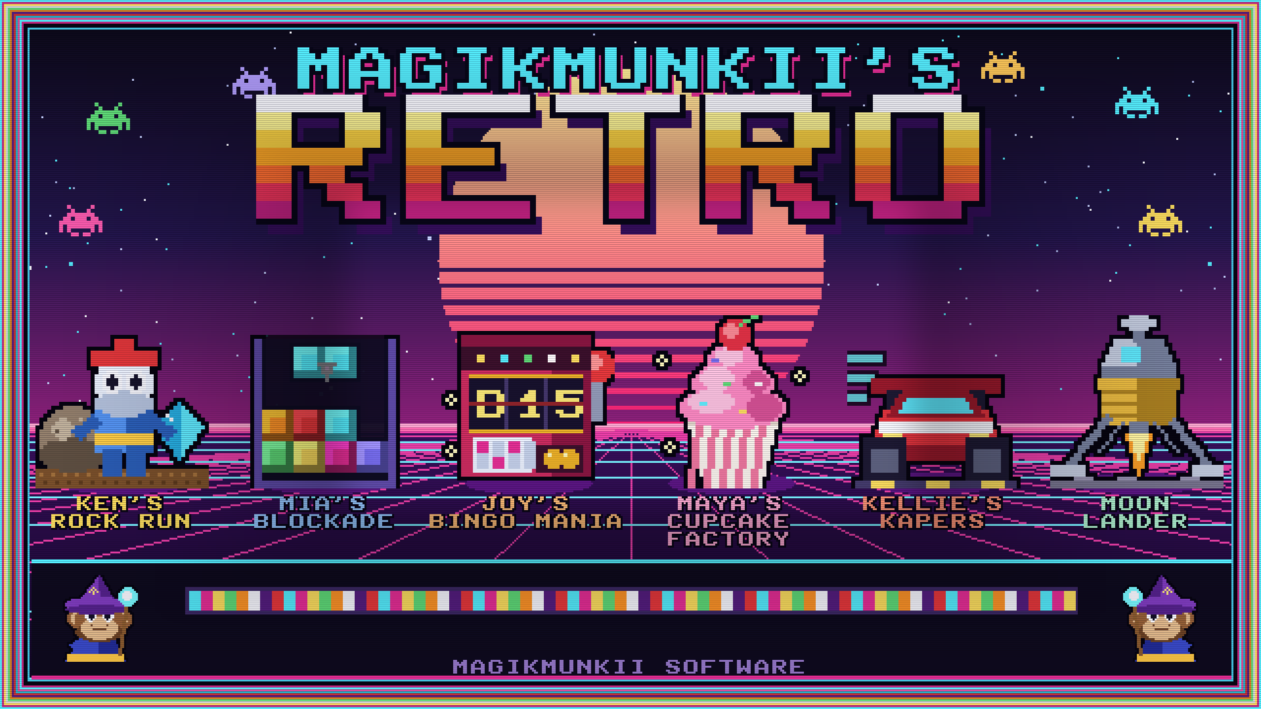 MagikMunkii's Retro — pixel-art loading screen featuring Ken's Rock Run, Mia's Blockade, Joy's Bingo Mania, Maya's Cupcake Factory, Kellie's Kapers and Moon Lander.